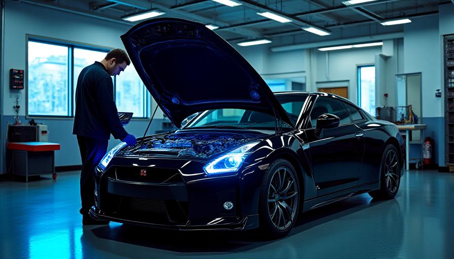 台東区のワークショップで精密なエンジンチューニングを受けるスポーツカー